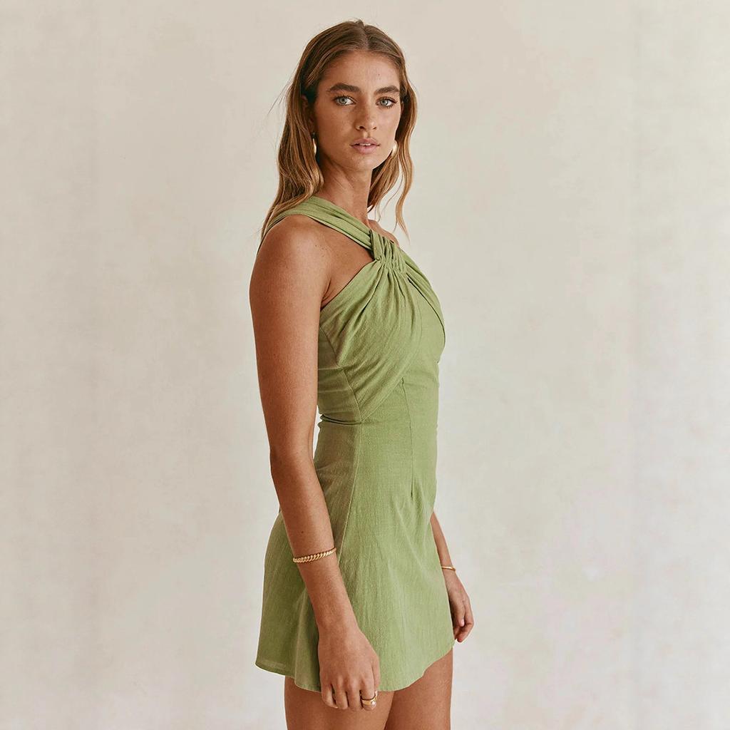 Vestito corto in puro cotone, moda estiva europea e americana nuova da donna, vestito monospalla attillato con schiena a nodo singolo