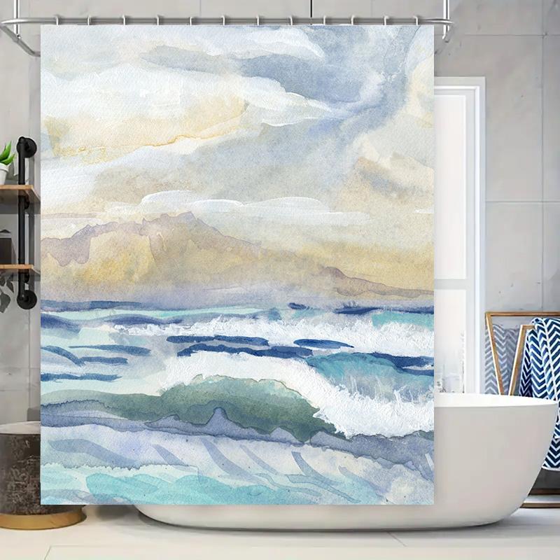 

Decorate Your Space With Style: Watercolor Ocean Shower Curtain Soft Blue Wave Print For Bathrooms Showers High-Quality Fabric W60H190(CM)-1 Pcs