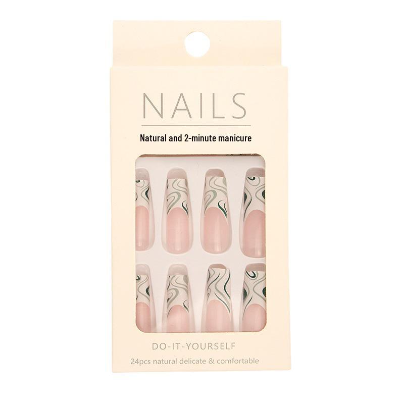 European & American Style Long Green Pattern Press-On Nails with Removable Nail Art