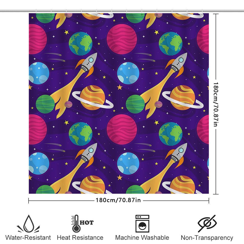 Cosmic Shower Curtain Space Traveler Bath Decor with Rocket Rockets Planets Purple 3D Printing Waterproof Polyester Fabric for B
