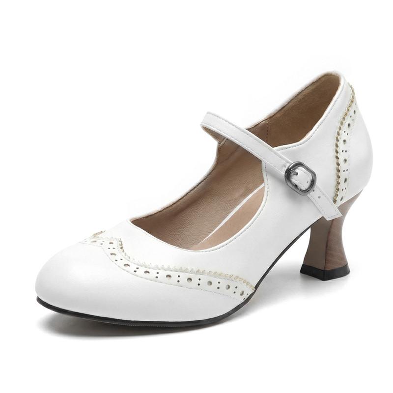 Dames hoge hakken lente en zomer nieuwe dunne hak retro gesp lichte mond enkele schoenen grote maat lage schoenen