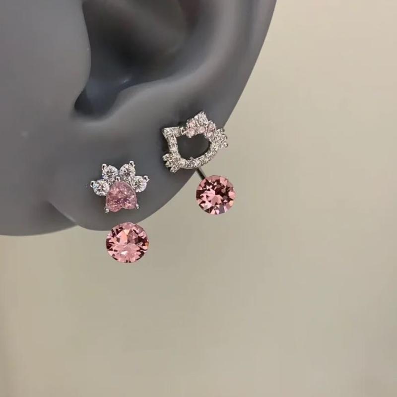 Cute Cat Paw Earrings With Pink And Bell Dangle Silver Plated Bow Drop Studs For Girls