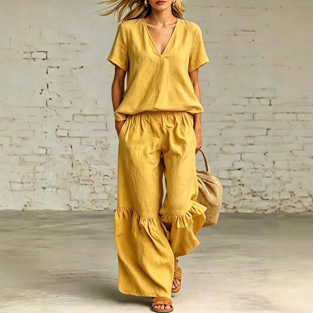 Women V Neck Ruffled Hem Linen Blend Two Piece Set Wide Leg Pants Summer Casual Outfit