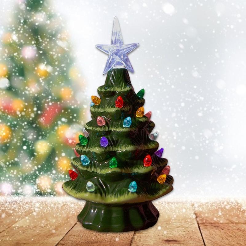Glowing Hand Painted Battery Operated Ceramic Christmas Tree Desktop Night Light Stylish Home Decoration Accessories