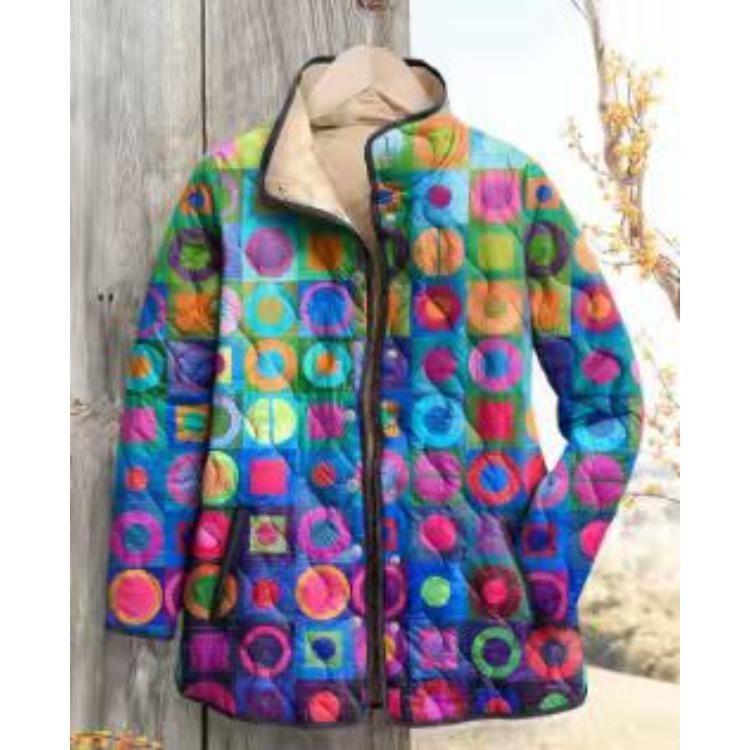 Women's Tropical Leaf Print Quilted Jacket Stand Collar Button Down Contrast Trim Casual Coat