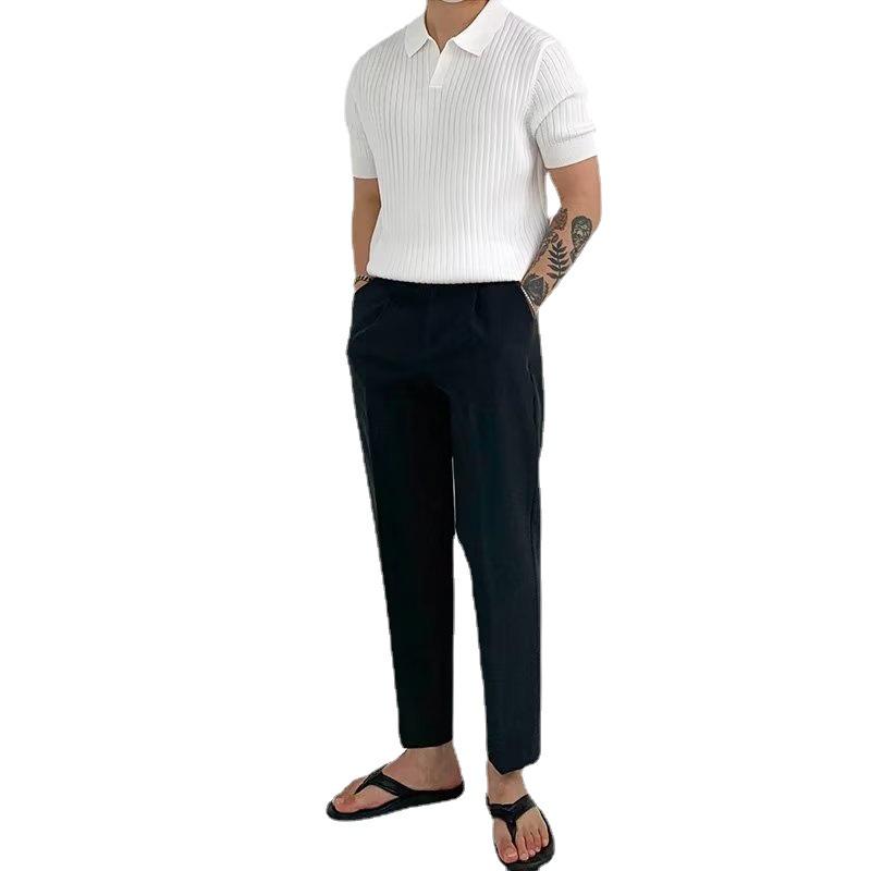 Striped Summer Knit Elastic Polo - Loose Fit Short Sleeve Shirt