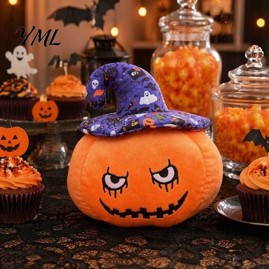 Creative Halloween Holiday Gift Pumpkin Plush Toy, Cute Wizard Hat Stuffed Animal Pillow for Smiling Plushie Sofa Bed, Spooky Home Decor Ornament