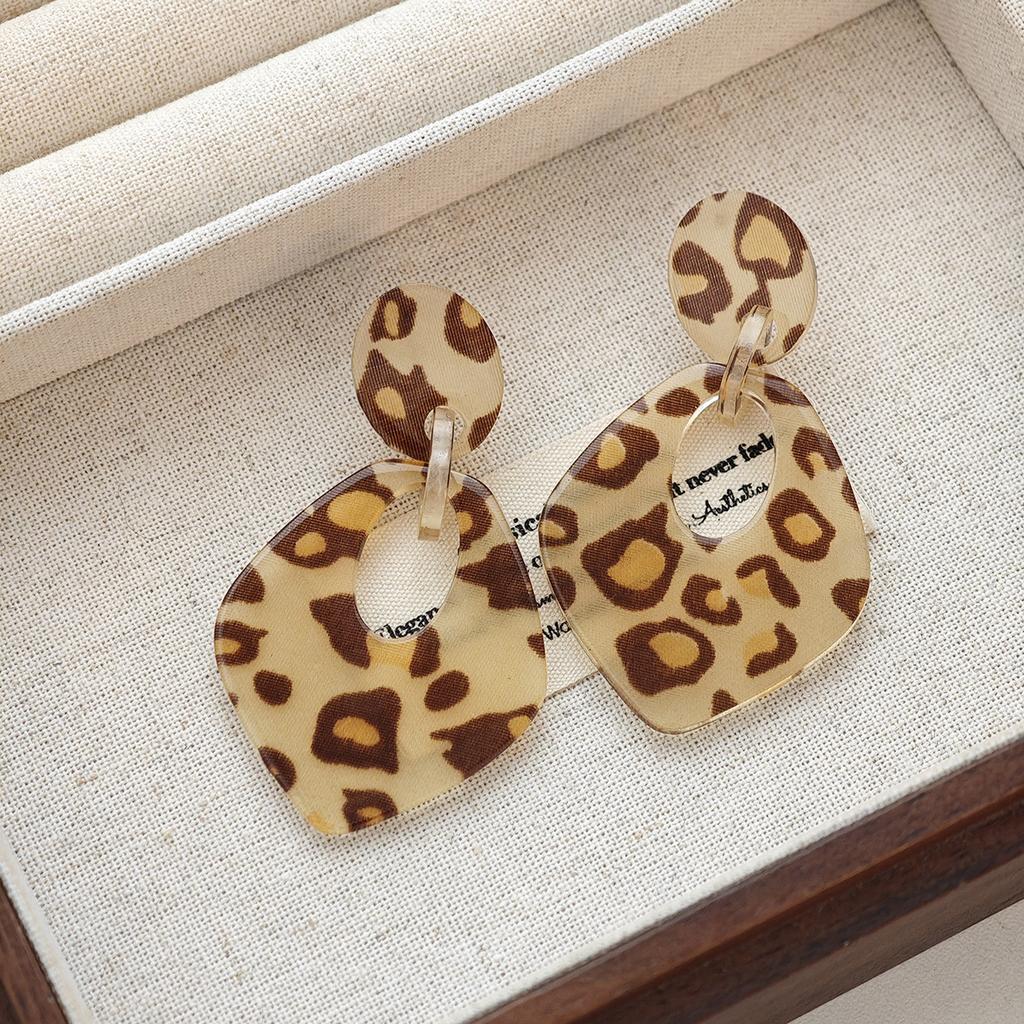Akrylové náušnice s potiskem leopardí kůže a motivem srdce, Hong Kong styl, Maillard styl, Lehký luxus, Jednoduché, Módní, Univerzální náušnice