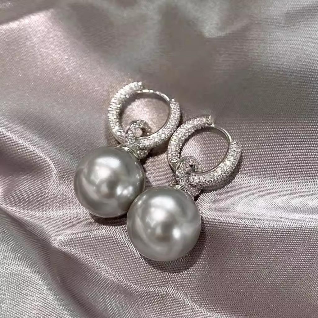 Elegant Paved Zircon Hoop Earrings with Pearl Dangle
