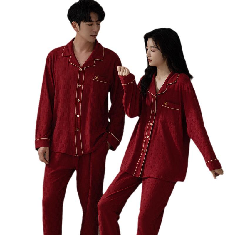 Couple's Pajamas Set: Women's Spring/Autumn Long Sleeve, Men's Red Pure Cotton Loungewear for Weddings or Birthdays
