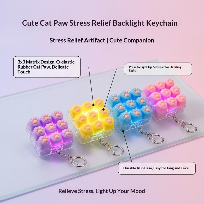 Cute Cat Paw Mini Keyboard Keychain RGB LED Light Stress Relief Backpack Pendant for Valentine's Day Gifts