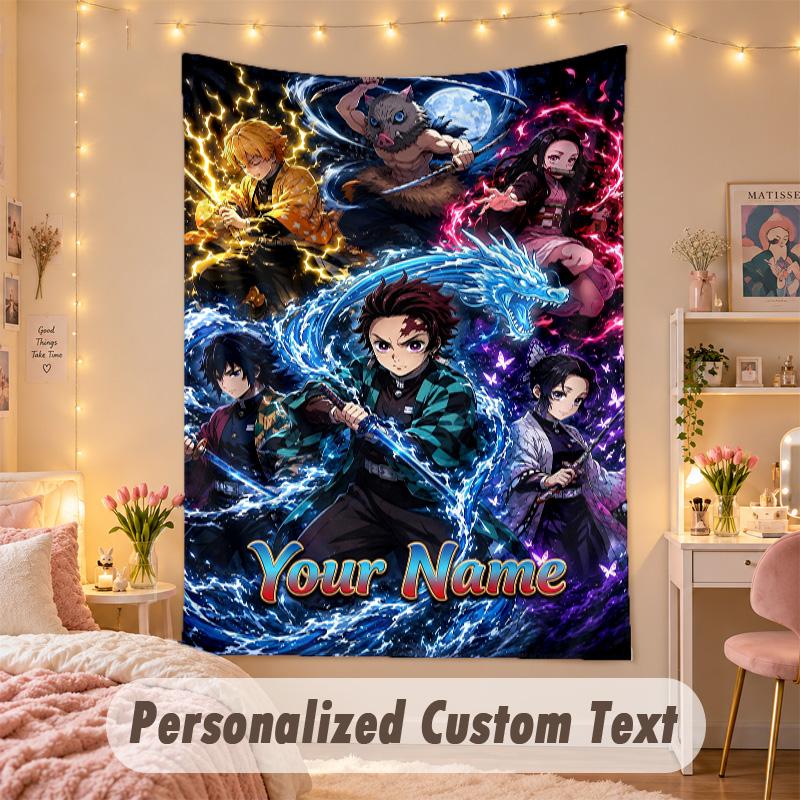 Custom Personalized Tapestry,Demon Slayer Print Custom Name Text Wall Art Hanging for Bedroom