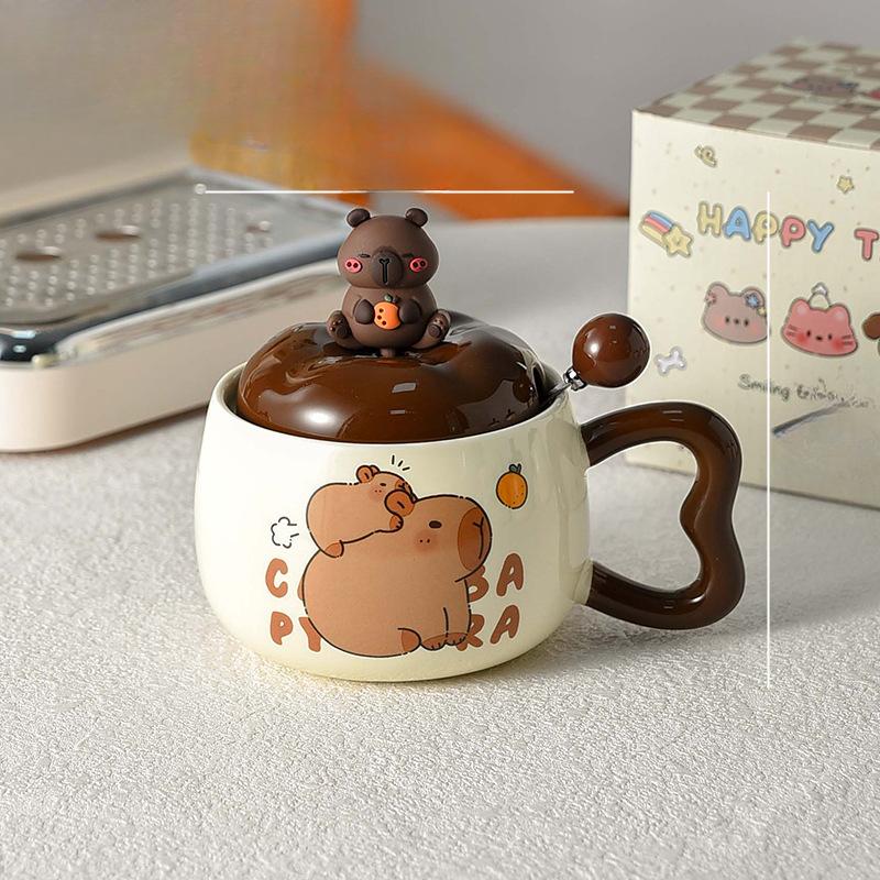 Taza de Capibara Taza Linda con Tapa y Cuchara Cerámica Creativa Estilo para Niños Taza para Desayuno Infantil Gran Capacidad