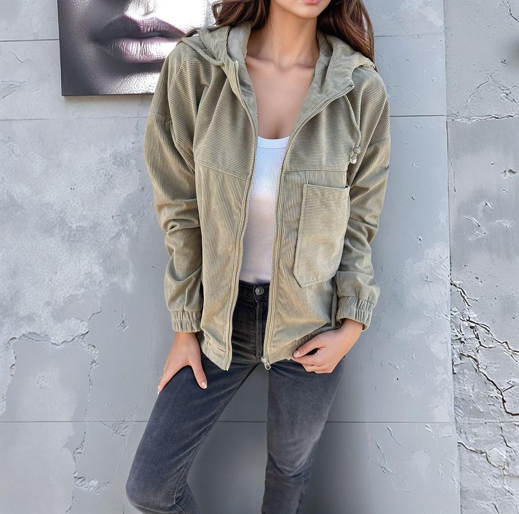 Women's Corduroy Hooded Jacket - Minimalist European & American Style for Spring & Autumn