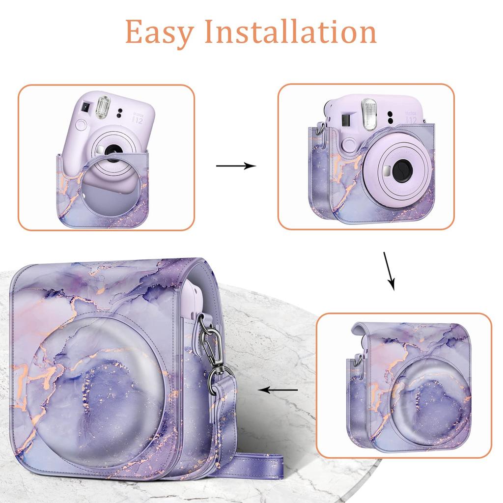 Fintie FUJIFILM instax mini 12 Fotocamera Istantanea Protettiva Full PU Antigraffio con Spallaccio Portatile Custodia X Marmo, Copertura, Protezione, Pelle, Resistente,