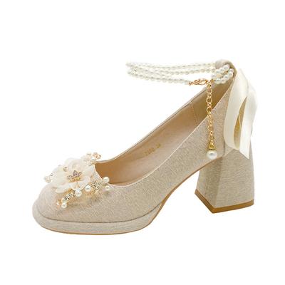 Pearl High Heels Thick Heel Satin Wedding Shoes Bride Shoes One Word with Square Head Apricot Single Shoes