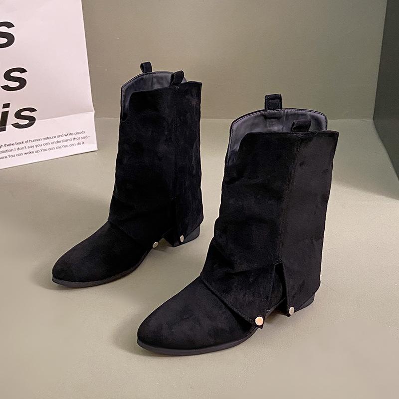 Thick heel pointed trousers boots fried street one pedal small short boots women's 2025 autumn and winter new brown western cowboy boots