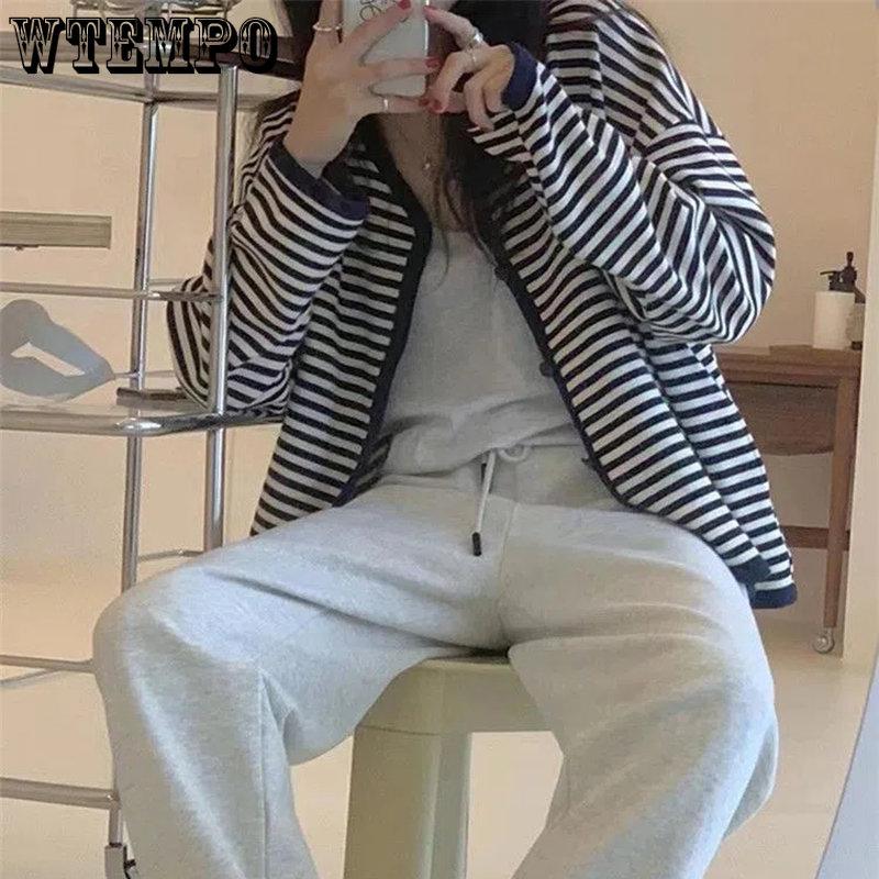 Dámský Harajuku Y2K Ležérní Top Černobílý Pruhovaný Kardigan Ženy Jaro Podzim Volný Ležérní Kabát s Dlouhým Rukávem Streetwear