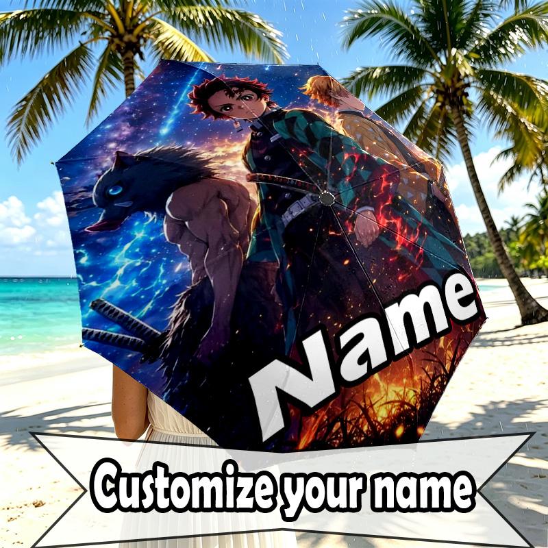 Custom Name Personalized Demon Slayer Print Umbrella, Auto Open Close, 8‑Rib Sturdy Frame, Commute Camping Hiking Use, Birthday Gift