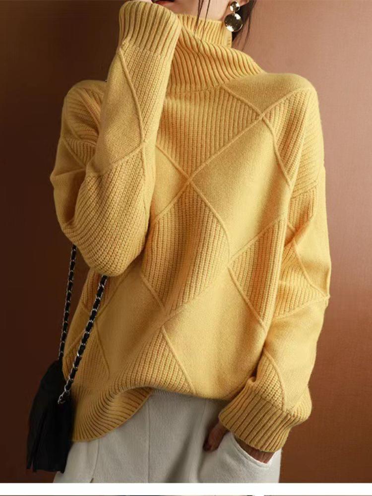 New In Autumn Winter Women Turtleneck Sweaters Full Sleeve Pullovers Spliced Thick Sweater Lozenge Elegant Lady Solid Outwear