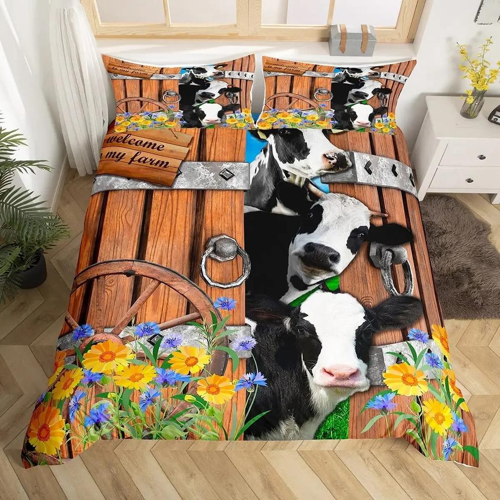 Cows Duvet Cover Set Black and White Milk Cow Print Comforter Cover Animal Theme Bedding Set Room Decor Pink King Quilt Covers
