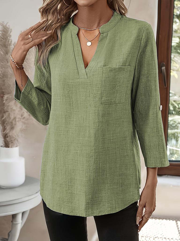 Ladies' Elegant V-neck Long Sleeved Top, Solid Color Design, Button Details, Lightweight Fabric, Suitable for Spring, Summer, and Autumn