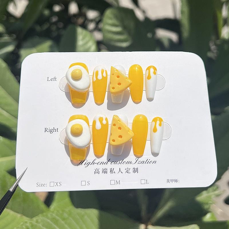 Cartoon 3D Egg Yolk Cheese Design Cute Medium-Long Press-On Nails Handmade Artificial Nail Tips Women