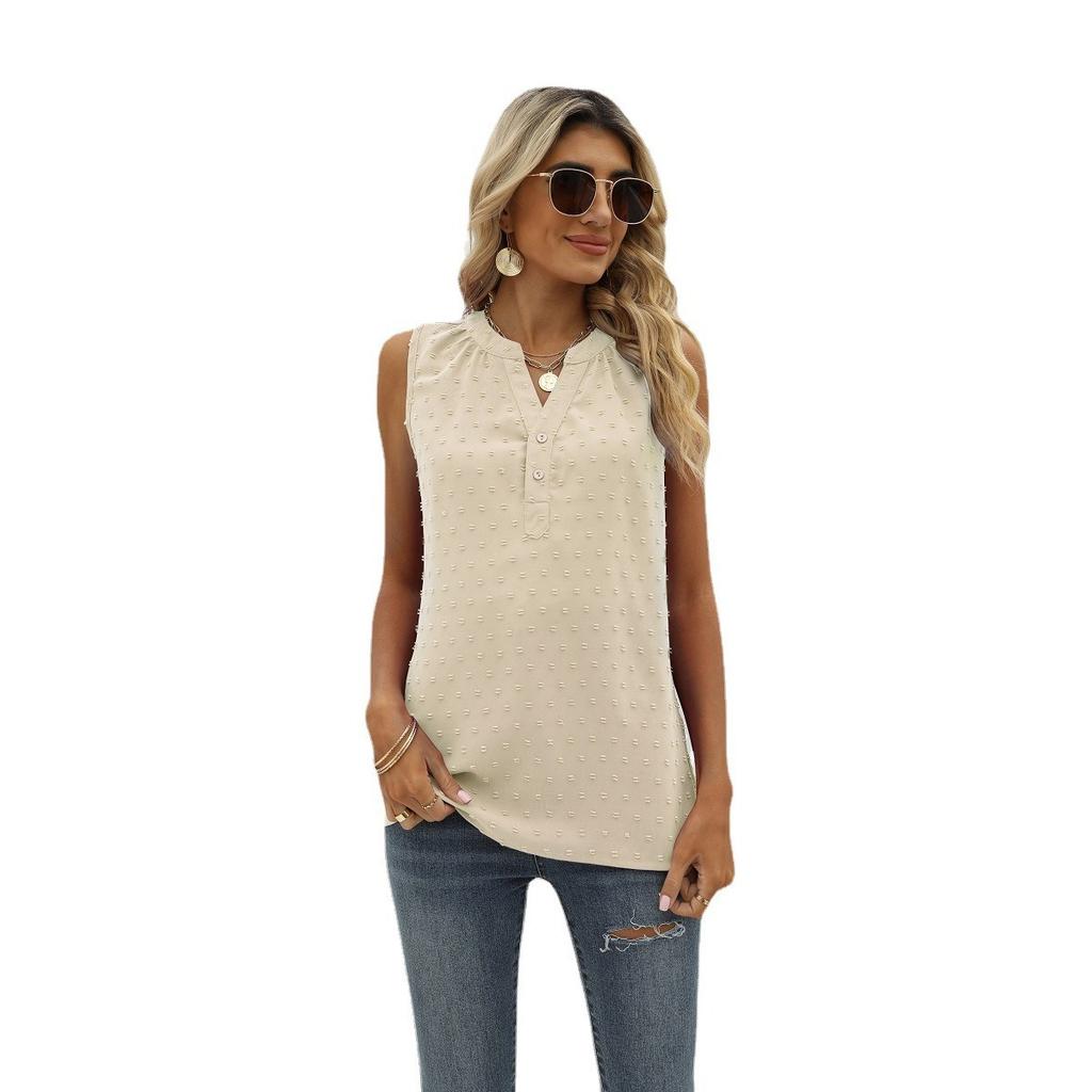 Summer Women's Solid Color Chiffon Loose V-Neck Jacquard Sleeveless Casual Vest Top for Crossborder European American