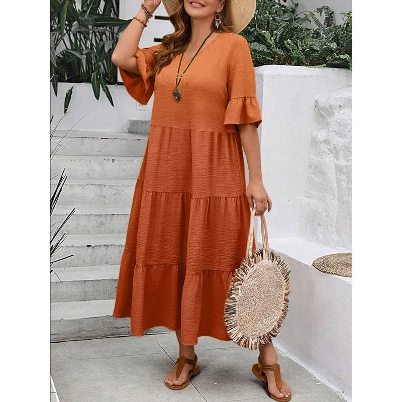 

DAFIFY Жіноча мода, літо, весна, суцільні повсякденні сукні з коротким рукавом і V-подібним вирізом із принтом і вільною талією XXXXXL помаранчевий