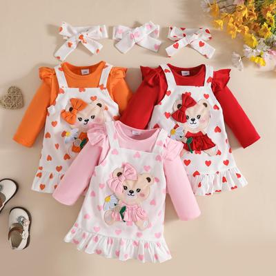 Herbst 2025 Baby Mädchen Langarm Body & Cartoon Latzrock Set mit Stirnband