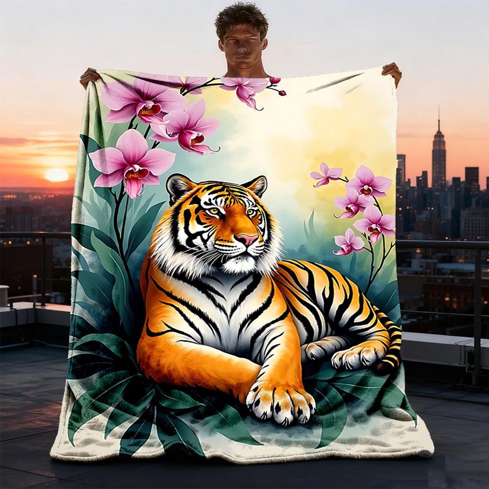 1pc Tiger Orchid Floral Pattern Print Outdoor Blanket, Lightweight Polyester, 75X95CM