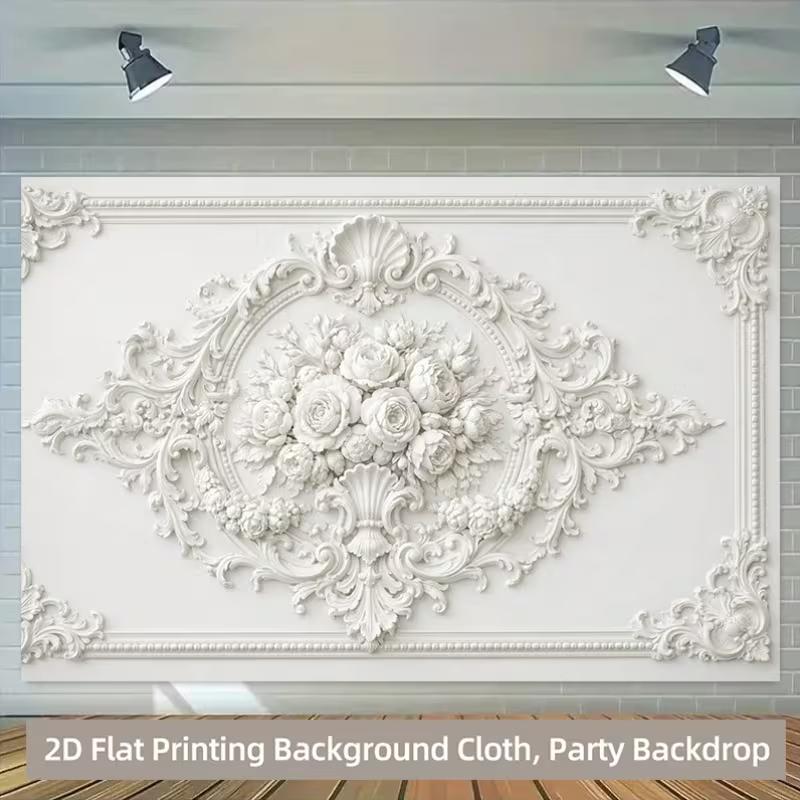 

2D Luxury Ornate White Rose Backdrop, Baroque Style Wall Decoration Background 47.2x31.5inch/120*80cm