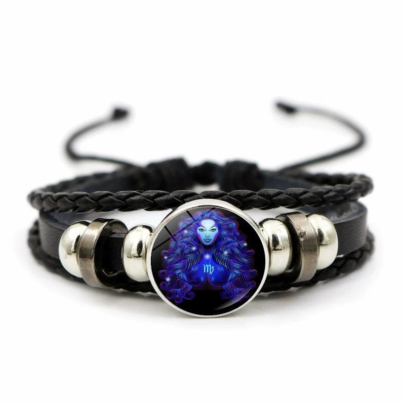 12 Sternbilder Sternzeichen Schwarzes geflochtenes Lederarmband Krebs Löwe Jungfrau Waage Gewebtes Glaskuppelschmuck Punk Herrenarmband
