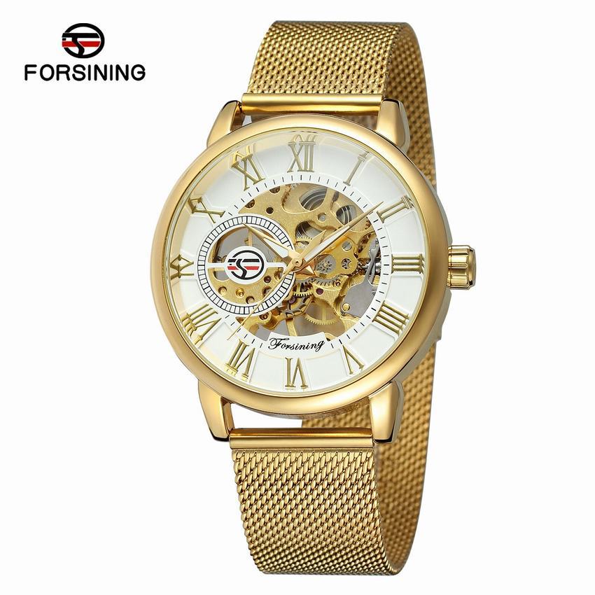 Forsining Watch Men's Fashion Leisure Roman Numerals Digital Mesh Belt Hollow Out Mechanical Watch