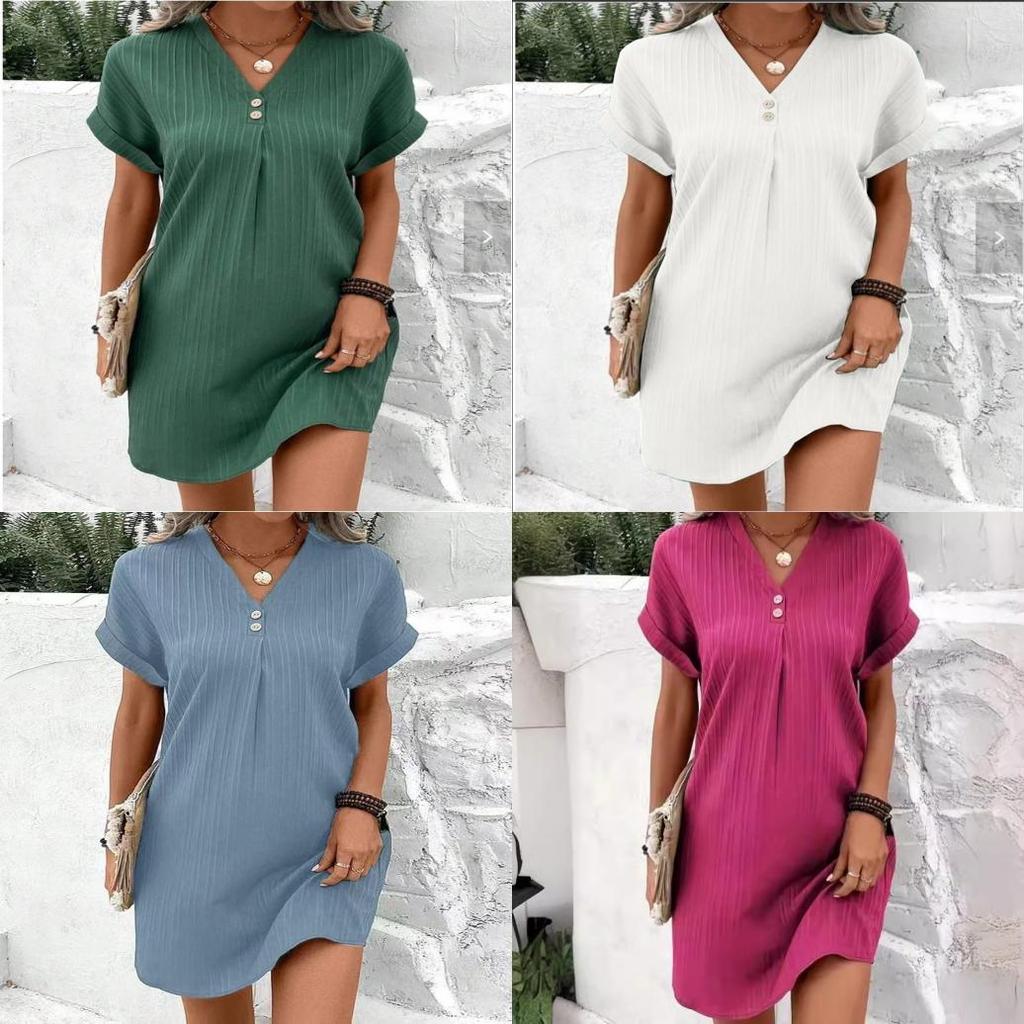Womens V Neck Striped Polyester Casual Dress With Buttons For Office Wear
