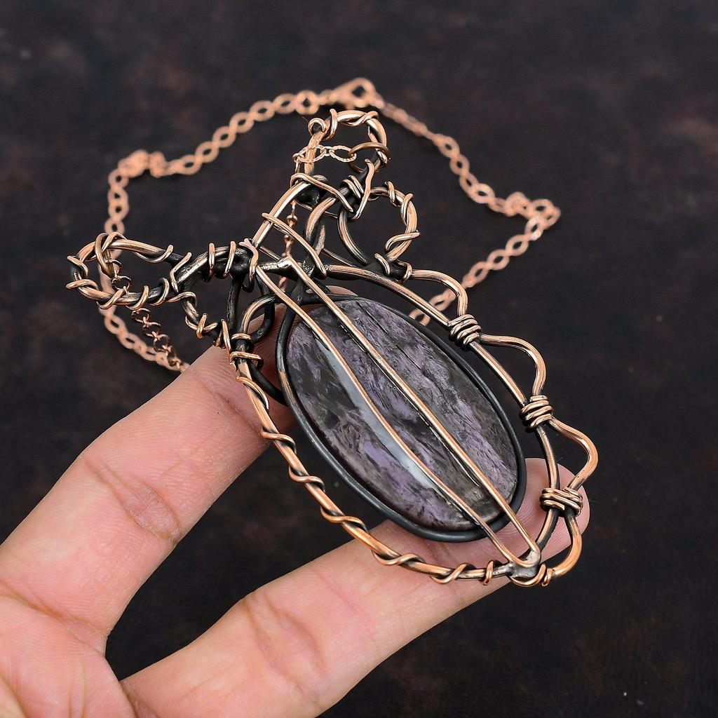 Charoite Necklace Copper Wire Wrapped Adjustable Chain Necklace Gemstone Necklace Copper Wire Wrap Jewelry Handmade Necklace Gifts For Women