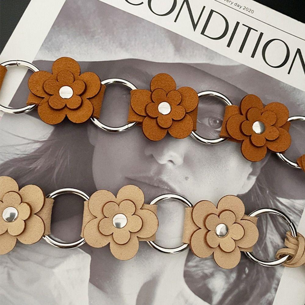 Double Small Flowers PU Leather Belt Adjustable Strap Waist Rope New Waistchain  Women Girls