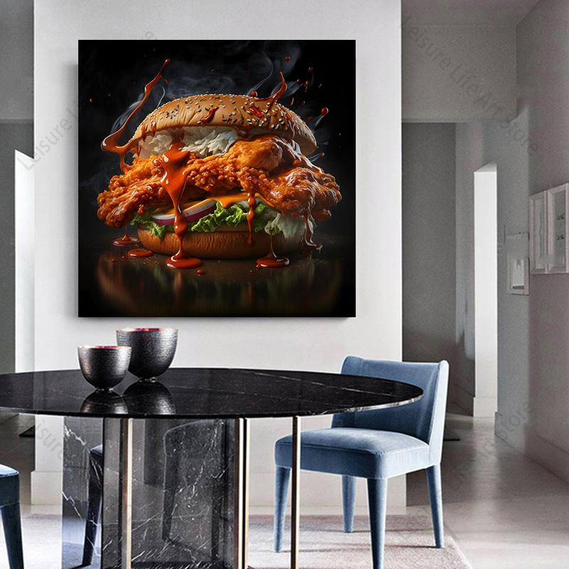 Modern Art Chicken Burger Canvas Painting Food Art Fast Food Hamburger Poster and Prints for Living Room Restaurant Wall Decor