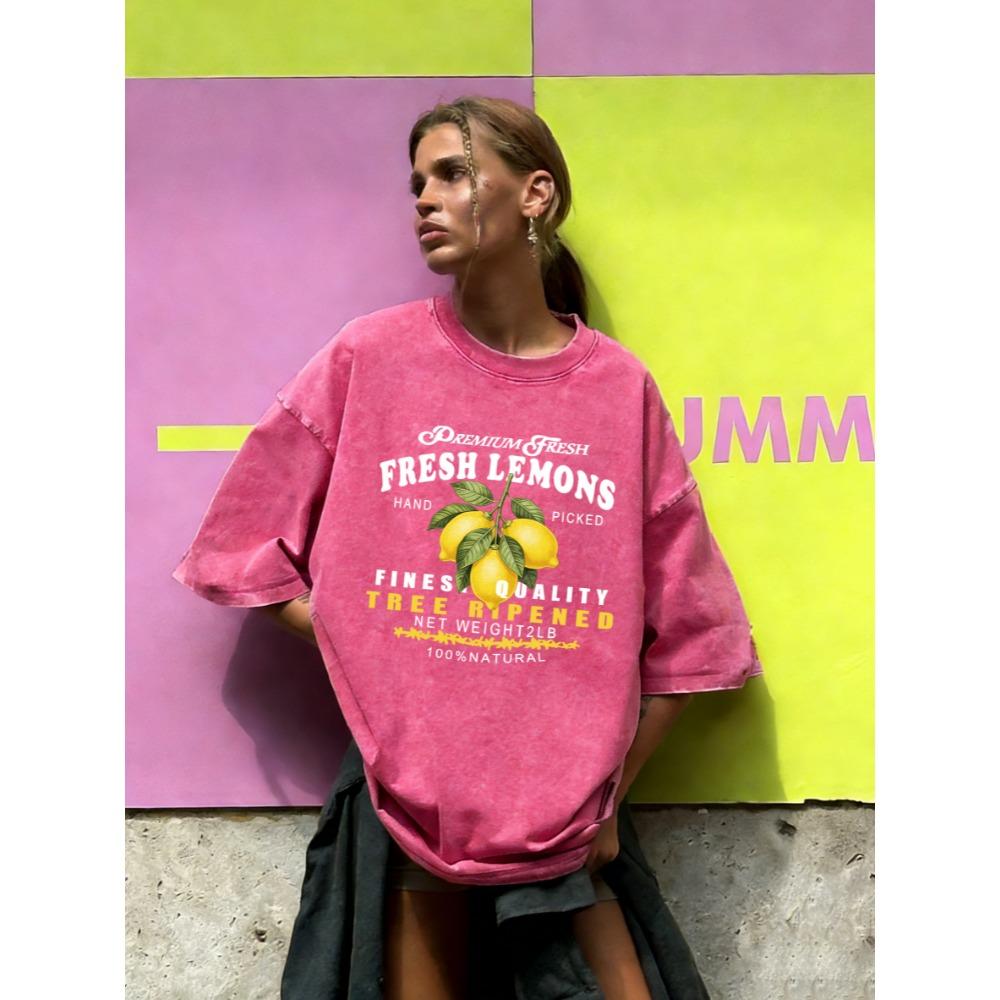 Hand Picked Fresh Fruit Lemons Print Washed Tee Shirt Women All-Match Cotton T-Shirt Sport Summer Top Soft Short Sleeve