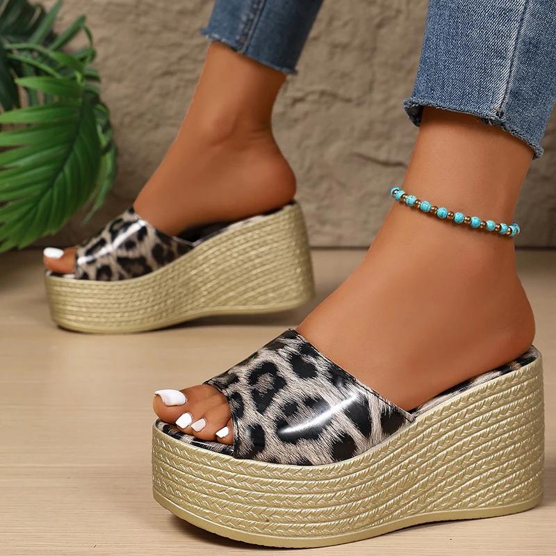 Sexy Gold Leopard Sandals Women Summer 2025 Chunky Platform Wedge Heels Slippers Shoes Woman Comfort Light Weight Outdoor Slides