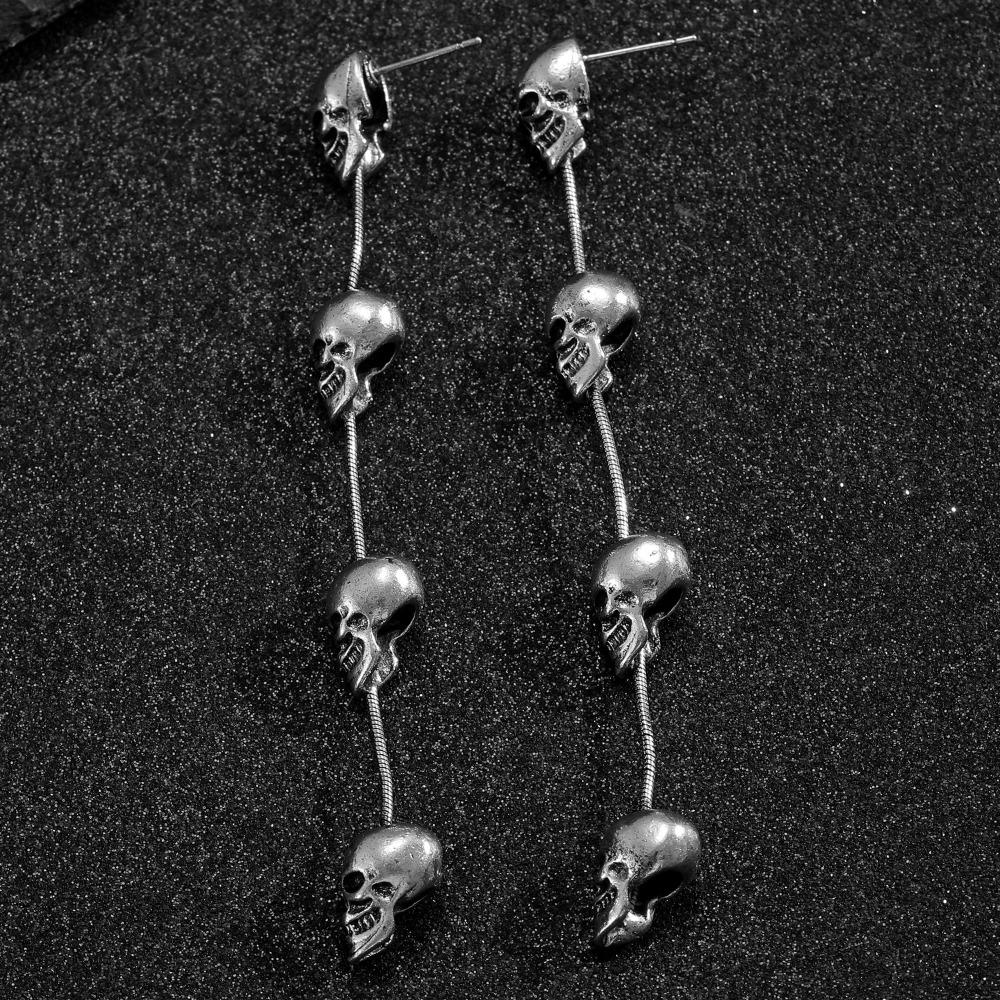 Punk Personality Sliver Color Stereo Skull Skeleton Long Tassel Dangle Earrings for Women Dark Gothic Halloween Jewelry Gifts