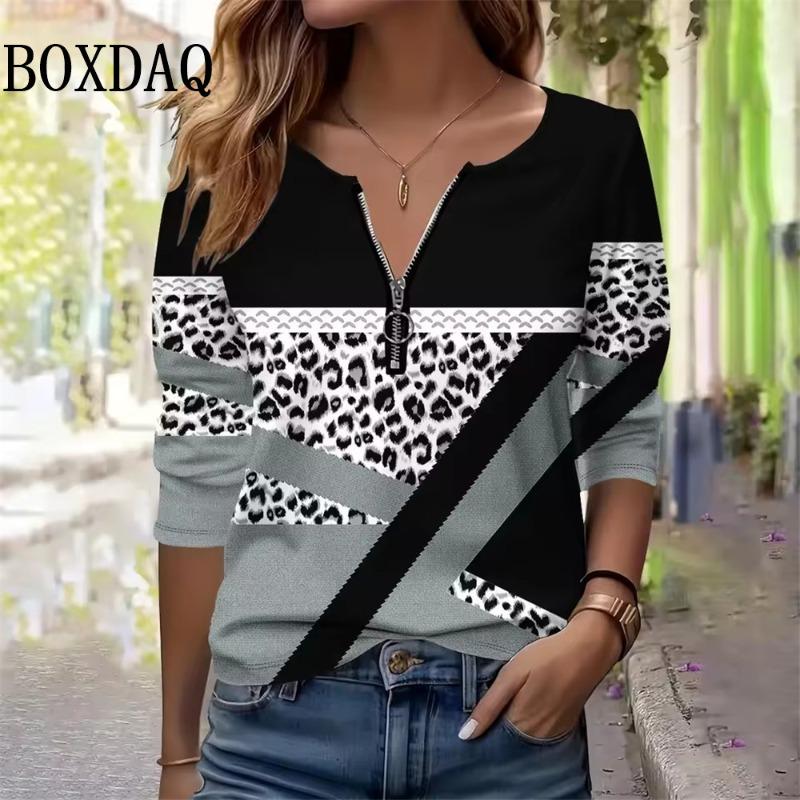 Autumn Winter Sweatshirts Women Zipper V Neck Long Sleeve Leopard Geometry Print Casual Tops Women s Fashion S