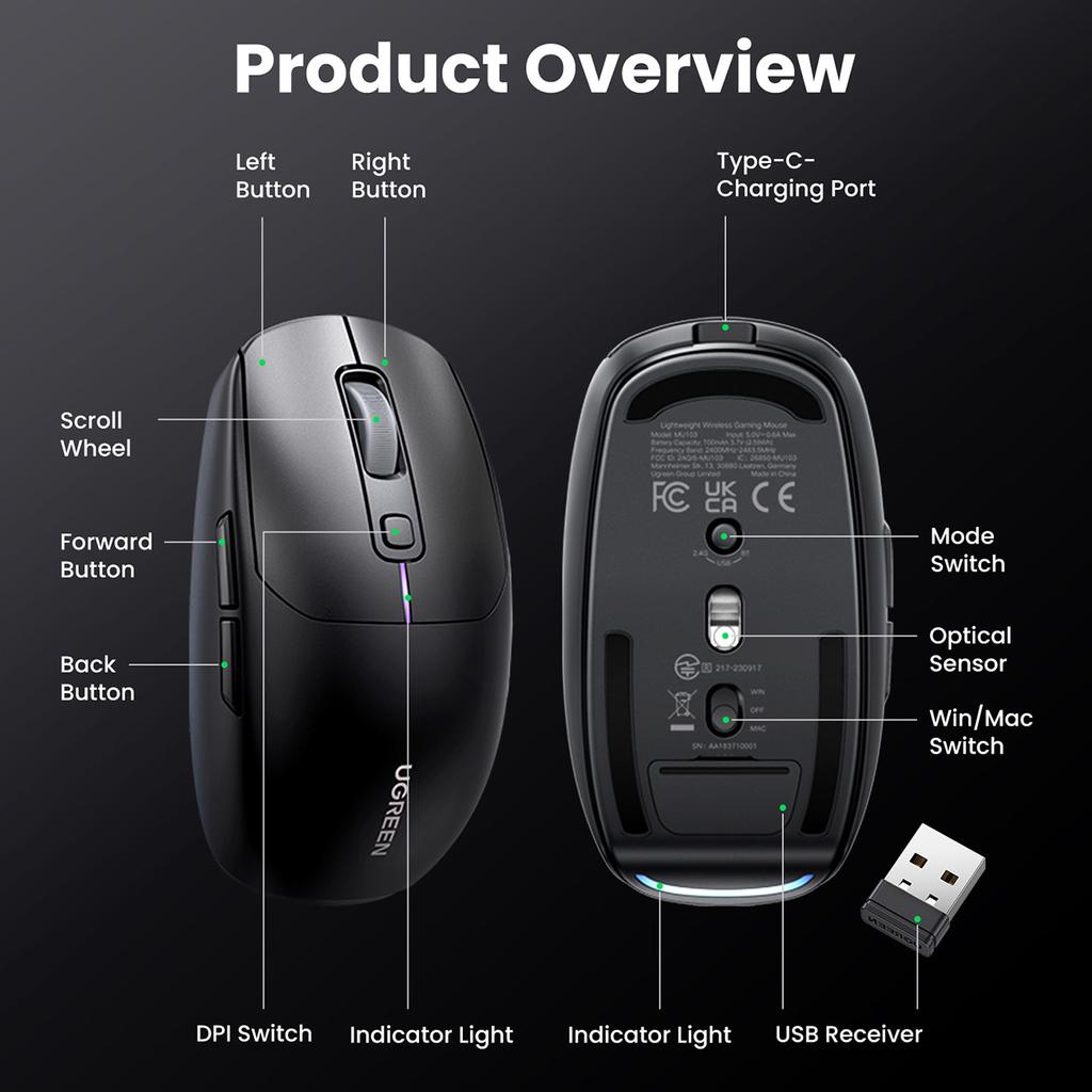 Ugreen Black Dual Connectivity Wireless Mouse MU103 with Bluetooth 5.0 & 2.4GHz Compatibility