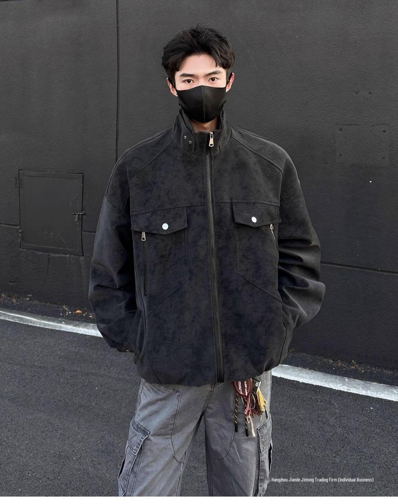 SWAMP AREA Matte Velvety PU Leather Men's Retro American Workwear Jacket - Autumn/Winter Style