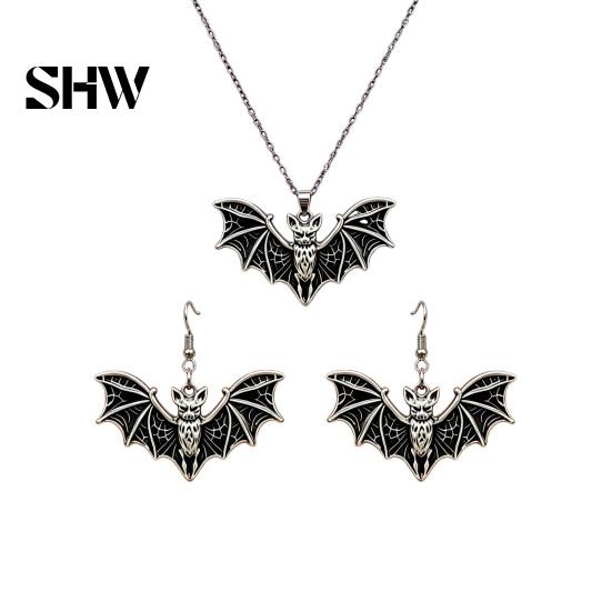 Fashionable Halloween Jewelry Sets Gothic Bat Accessory, Vintage Punk Necklace, Viking Detailed Wing Style Dangle Drop Earrings for Cosplay