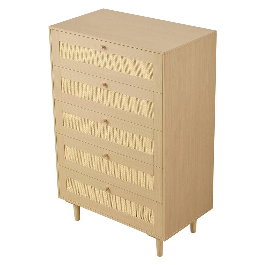 5-Schubladen Rattan Kommode, Moderne Schrankkommode für Schlafzimmer, Natürliche Rattan Kommode mit Metallgriffen & Holzbeinen, Kleideraufbewahrungskommode