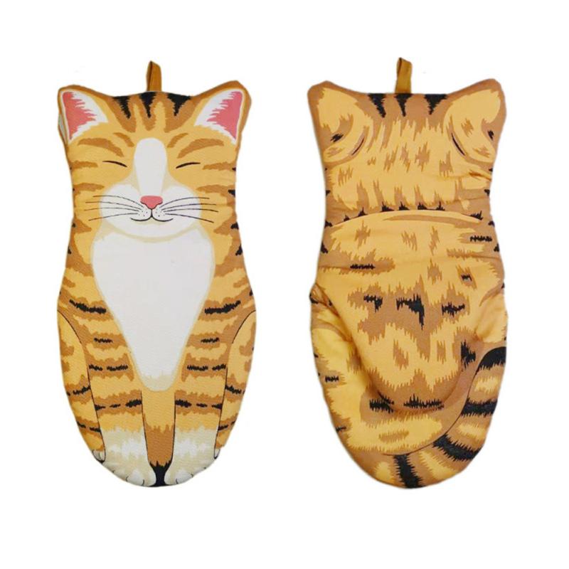 1PC Cute Cartoon Cat Paws Heat Resistant Oven Mitts Long Cotton Baking Insulation Microwave Non-slip Gloves Animal Design