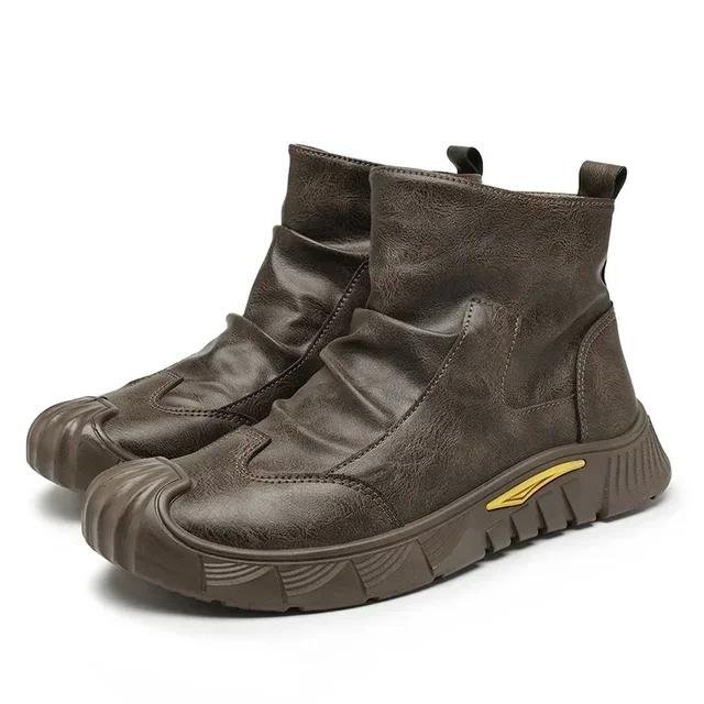 New Retro Men's Ankle Boots with Zipper, Casual High Top Men's Hiking Boots, Classic Leather Boots, Fashionable Motorcycle Shoes