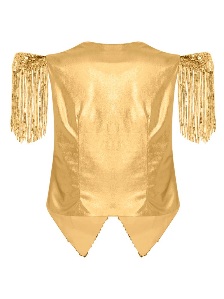Women Rave Clubwear Disco Vest Sequins Fringe Fly Sleeve V Neck Front Zip Glitter Front Metallic Back Tank Top for Party