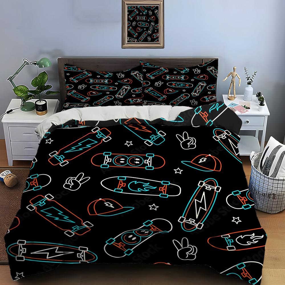 Skateboards and Lightning Pattern Bedding Set for Kids Luxury Gift 3pcs Digital Print Comforter Set Soft Comfortable Breathable